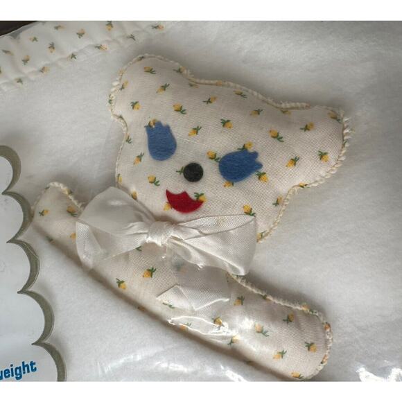 Vtg Bunnytex Baby Blanket Yellow White & Matching Teddy Lovey Unisex Floral Trim - Picture 6 of 6